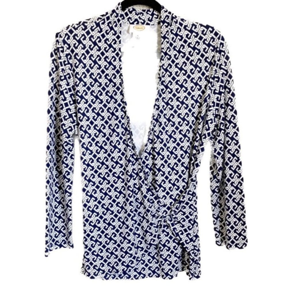 Talbots Surplice Top Women Size Medium Navy White Long Sleeve Nautical Old Money